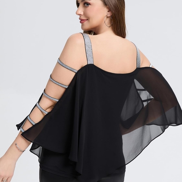 Ever Pretty Tops - Ever Pretty Black and Silver Cold Shoulder Blouse